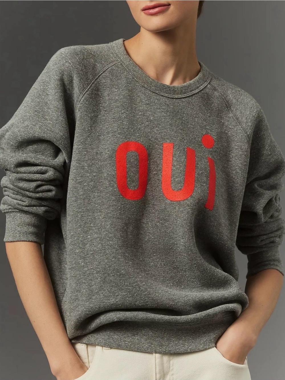 Clare V Crewneck Oui Oversized Sweatshirt Grey Gray Graphic Pullover Large